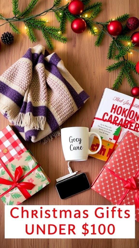 A collection of Christmas gifts under $100 including a throw blanket, coffee mug, cookbook, and phone charger.